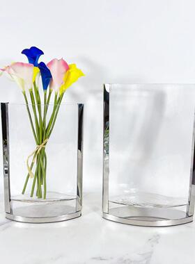 现代简约扁平透明玻璃花器样板房售楼处客厅餐厅桌面玄关花瓶摆件