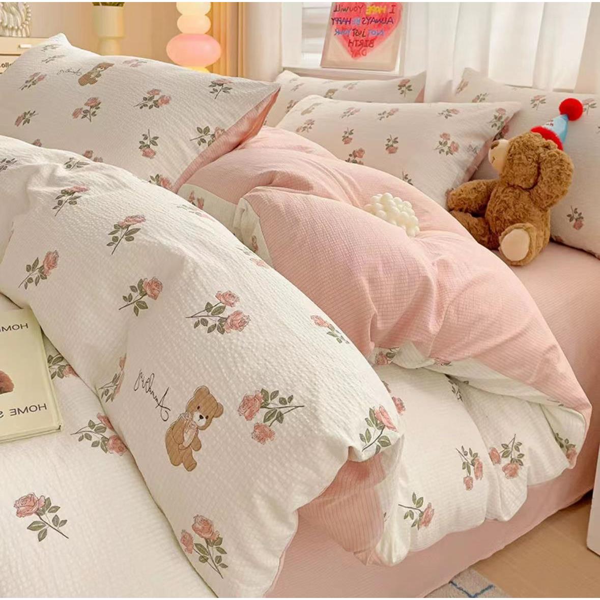 Maternity-grade four-piece set of thickened jacquard bubble cotton double-layer gauze dormitory bedding sheets, quilt cover and fitted sheet