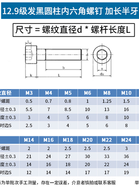 半牙12.9级内六角螺丝高强度发黑加长螺栓M5M6M8M10M12M16M20M24