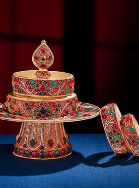 速发尼泊尔掐丝曼嵌盘手工镶扎宝石藏式曼茶罗曼套盘带托盘全达铜