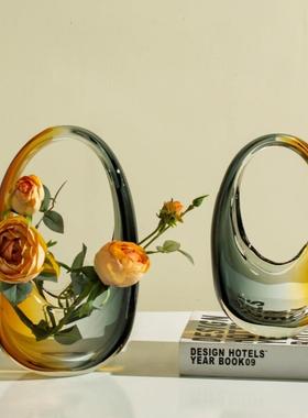 欧式轻奢焦糖琥珀渐变提包花瓶琉璃手工餐桌电视柜家居厚重玻璃花