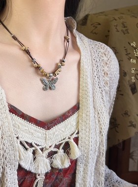 现货速发新中式陶瓷蝴蝶吊坠项链复古民族风choker锁骨链小众高级