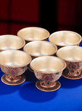 现货速发尼泊尔藏传密宗镶宝石供水碗掐丝佛前供奉鎏金供杯紫铜藏