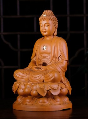 现货速发香樟木雕阿弥陀佛像释迦牟尼神像供奉家用客厅摆件三宝佛