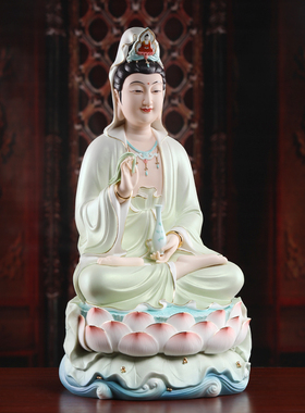 快速发货珍珠彩绿衣观音菩萨佛像C南海观世音菩萨像供奉家用陶瓷