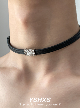 方块高级感黑色百搭锁骨链皮绳