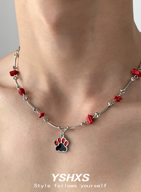 红色猫爪吊坠碎石拼接项链