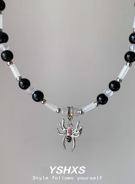 黑色水晶管串珠项链蜘蛛吊坠