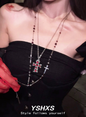 甜酷Y2K十字架红色珠子毛衣链