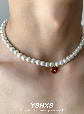 复古法式宫廷少女红爱心吊坠项链