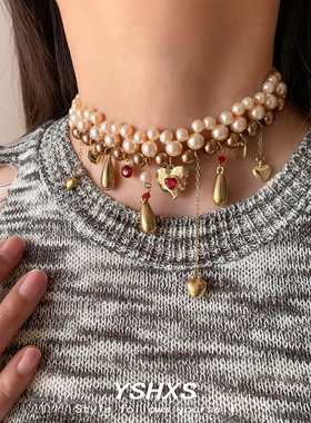 金色复古多层珍珠爱心水滴项链