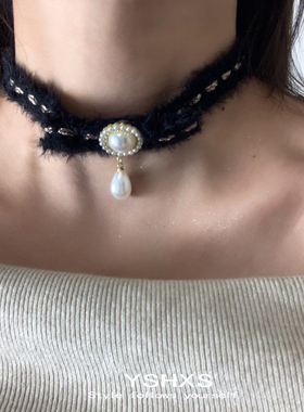 小香风黑色毛绒珍珠项圈新款配饰choker锁骨链秋冬氛围感颈链