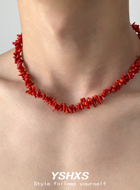 天然红色碎石项链小众设计感