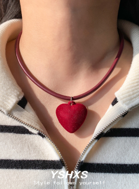皮绳百搭红色甜美锁骨链爱心吊坠