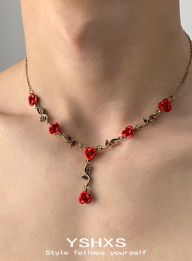 红色玫瑰花朵叶子项链