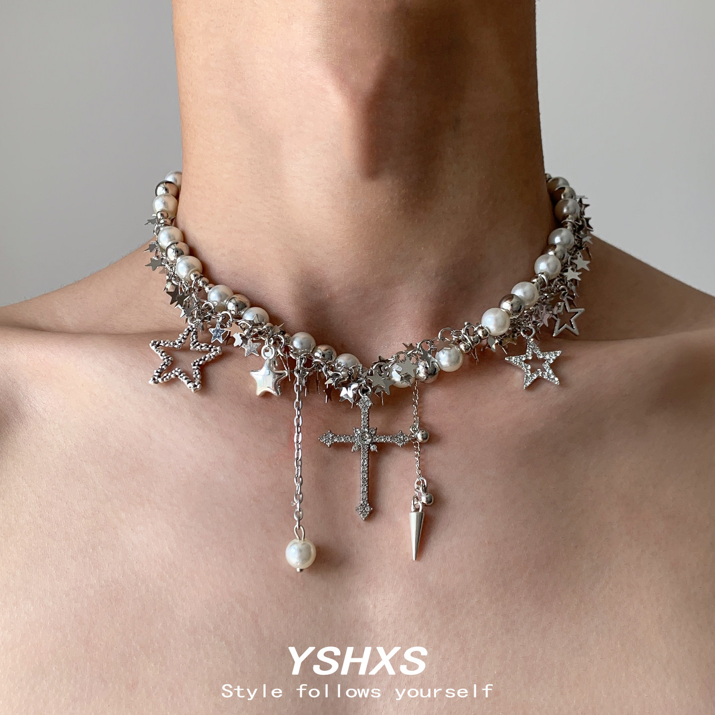YSHXS银色星星十字架流苏吊坠项链女小众设计感拼接毛衣链配饰,淘宝优惠券,粉丝福利购,淘宝优惠卷