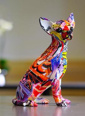 创意炫彩小狗可爱摆件水转印吉娃娃斗牛犬家居客厅玄关酒柜装饰品
