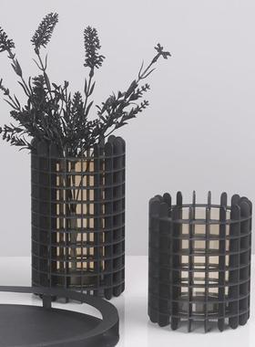 创意轻奢网格纹圆筒花瓶金属插花花器现代简约电视柜装饰品摆件