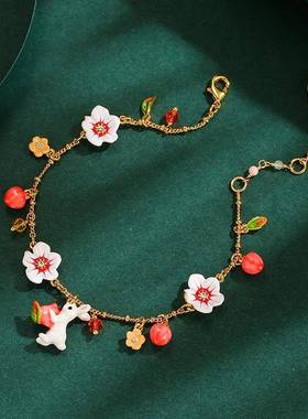 原创设计时尚气质珐琅釉小兔子白色花朵粉色水蜜桃子流苏多坠手链