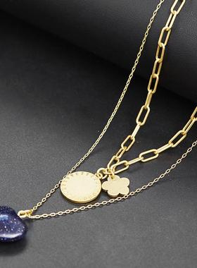 中古风时尚气质蓝色爱心坠复古哑光金色圆牌爱心项链双层锁骨链女