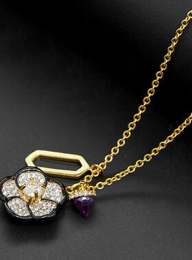 潮流时尚百搭镶钻黑色玫瑰花朵几何图形宝石多坠长款项链毛衣链女