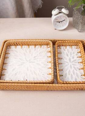 家用藤编托盘餐桌茶杯水杯收纳茶盘客厅长方形糕点盘零食果盘