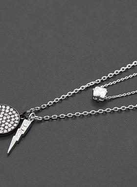 欧美复古时尚气质镶钻黑色圆牌闪电水晶单锆双层长款项链一款多戴