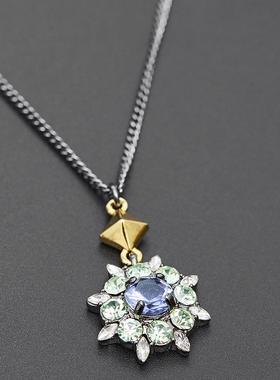 个性风潮嘻哈时尚蓝色水晶宝石花朵金色铆钉拉珠可调节项链毛衣链