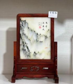 老红木插风 老挝大红酸枝木雕台屏 嵌天然石画桌屏 红木屏风摆件