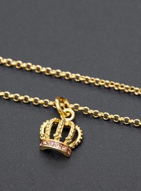 公主风甜美时尚气质镂空立体粉钻金色皇冠吊坠项链百搭锁骨链饰品