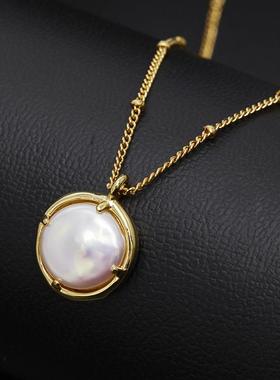 网红博主同款时尚气质报答巴洛克珍珠圆形纽扣双面吊坠锁骨项链女