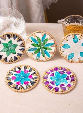 越南藤编拼接彩色贝壳咖啡茶杯垫桌面隔热茶几茶壶垫防烫圆形餐碗