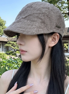 日系亚麻女夏显脸小透气鸭舌帽