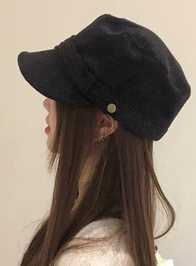 复古灯芯绒报童帽女秋冬显脸小