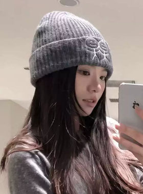 韩系刺绣火柴人毛线帽女秋冬保暖
