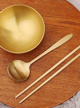 黄铜碗筷勺套装简约中式家居用品桌面摆件加厚光面铜碗工艺品