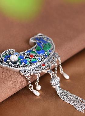 网红- S925银复古民族风凤凰牡丹长款如意锁女款毛衣链汉服吊坠