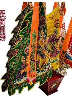 绞金五龙旗 五色令旗 双面刺绣 中号旗旗杆底座八卦斗 商品描述