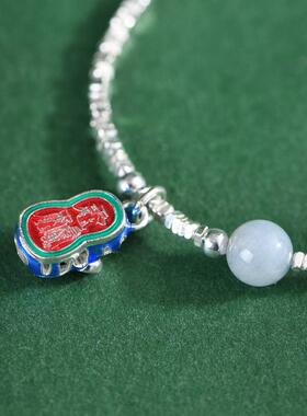 网红- S925银手工DIY碎银子凤凰钩烧蓝老虎头鞋海蓝宝女款手环