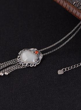 网红-S925银和田玉项链女款中式民族风旗袍汉服银饰品锁包毛衣链