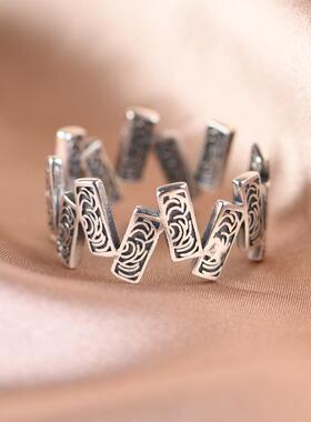 网红- S925银戒指复古唐草阑珊国潮风花纹ins小众简约开口指环女