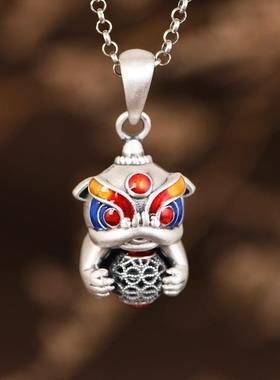 网红- 足银醒狮吊坠 复古工艺哑光福字吉祥瑞兽开口戒指女款佩饰