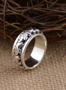 网红-S925纯银复古工艺大象可转动戒指男款时尚简约银饰指环