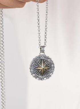 网红- S925银吊坠 复古做旧金色星辉星芒圆牌泰银吊饰男女项链坠