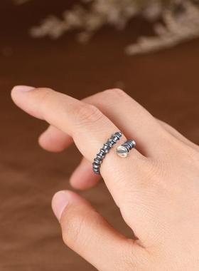 网红- S925银戒指 复古做旧潮人嘻哈银钉子开口设计指环银戒男女