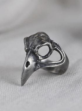 网红-S925银做旧仿古工艺手饰指环跨境男款乌鸦鹰头银饰戒指