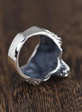 网红- S925银复古做旧泰银开口指环 男款立体狼头开口食指银戒指