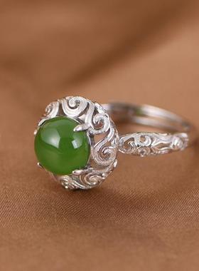 网红- S925银戒指 文艺时尚轻奢常青藤镶蛋面碧玉开口指环女戒饰