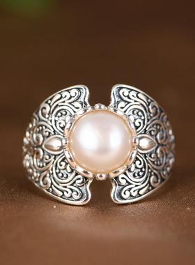 网红- S925银戒指 复古做旧轻奢时尚藤蔓花纹镶淡水珍珠女款指环