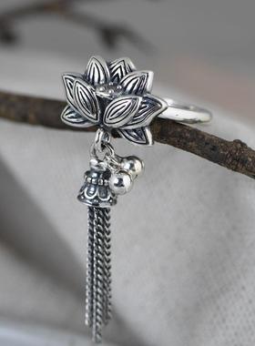 网红- S925银复古银莲花银珠流苏挂件女款开口荷花泰银戒指指环